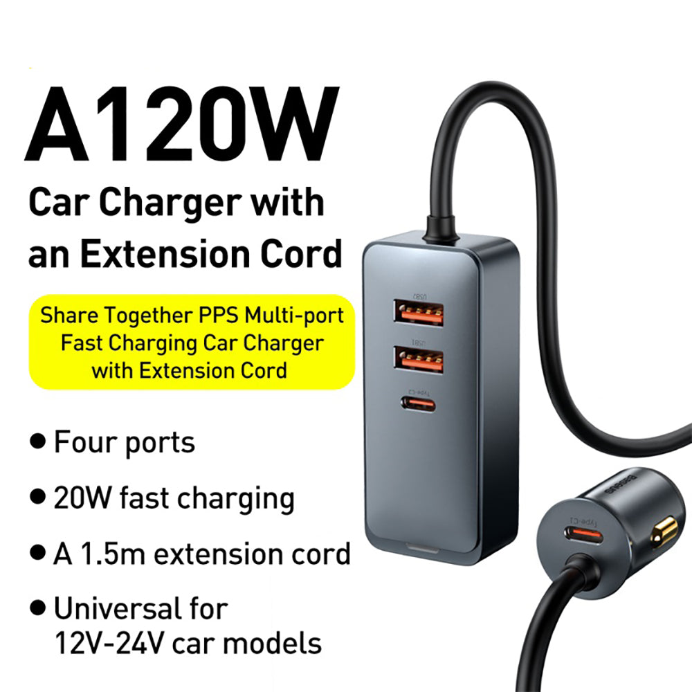 Baseus-PPS-Multi-port-Fast-Charging-Car-Charger-with-Extension-Cord---120W,-Space-Gray-1