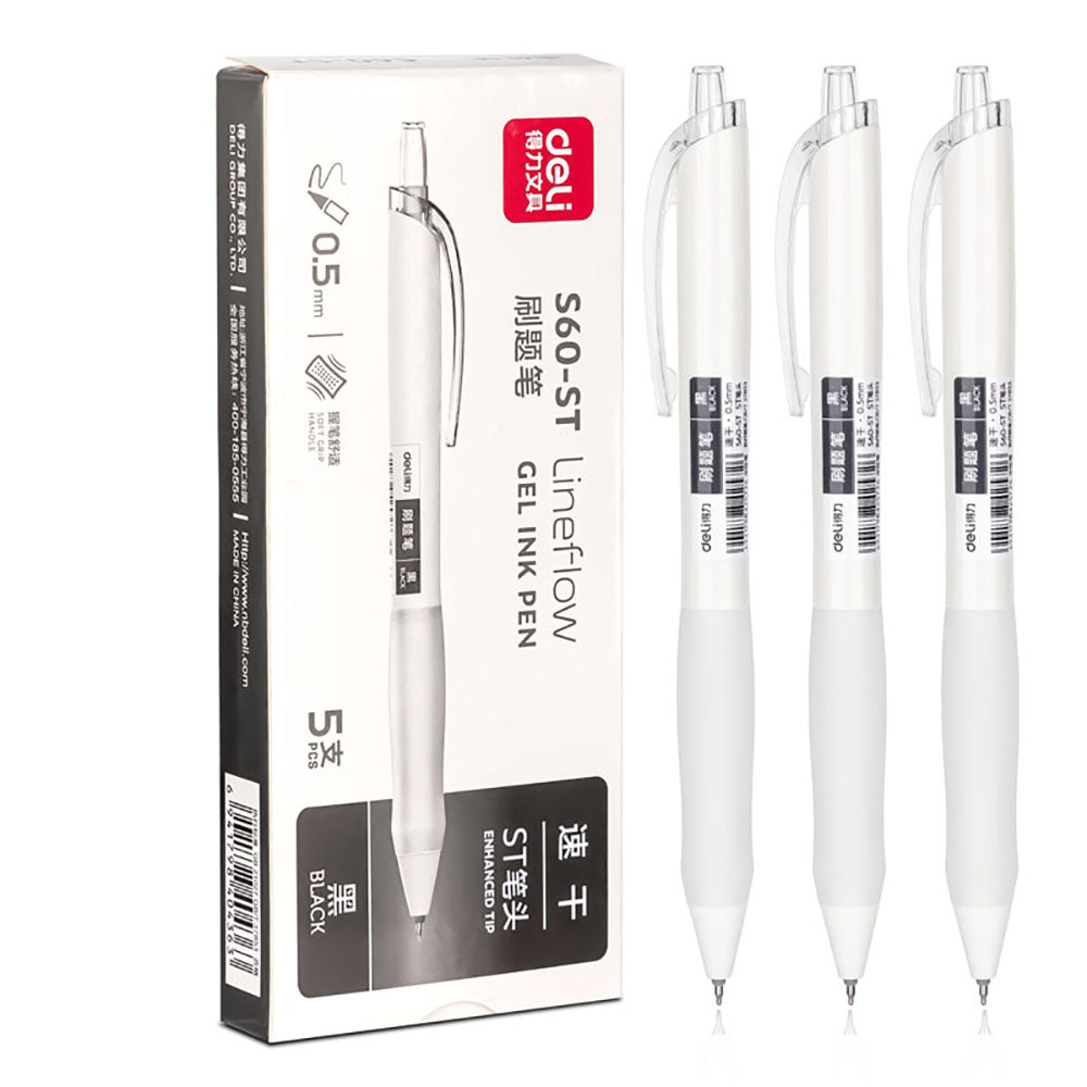 Deli-Quick-Drying-Smooth-Gel-Ink-Pen---0.5mm,-Black,-5-Pieces/Box-1