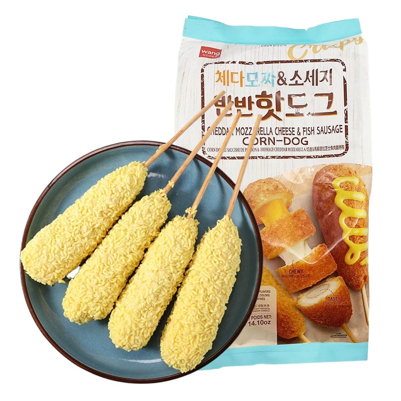 Wang-Frozen-Cheddar-&-Mozzarella-Cheese-Fish-Sausage-Corn-Dogs---4-Pieces,-400g-1