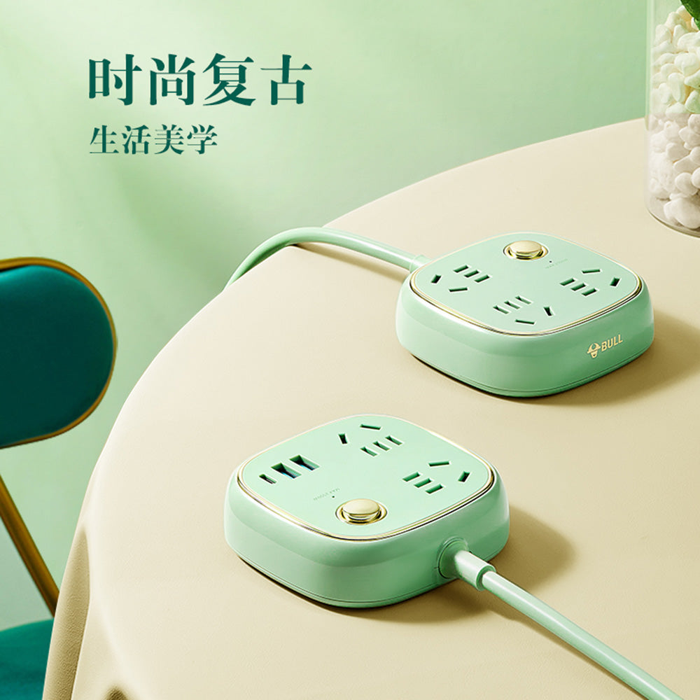 Bull-20W-Fast-Charging-Vintage-Extension-Cord-Socket-with-3-Plug-Points-+-2-USB-+-1-Type-C,-1.5m-Total-Control-GN-R602KQ-in-Celadon-Green-1