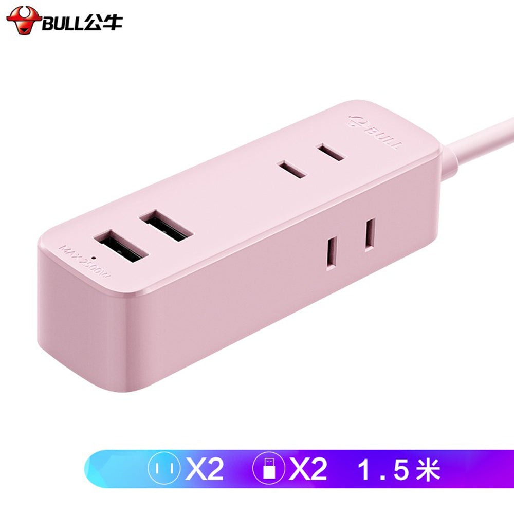 Bull-Brand-Mini-Two-Hole-USB-Socket-with-2-Plug-Slots-+-2-USB-Ports,-1.5m-Total-Control,-Pink---Model-A120U-1