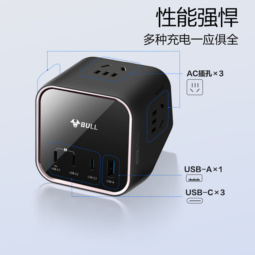 Bull-67W-Fast-Charging-Magic-Cube-USB-Socket-with-3-Plug-Slots-+-3-USB-Ports,-1.5m-Total-Control,-Model-MS1673,-Black-1