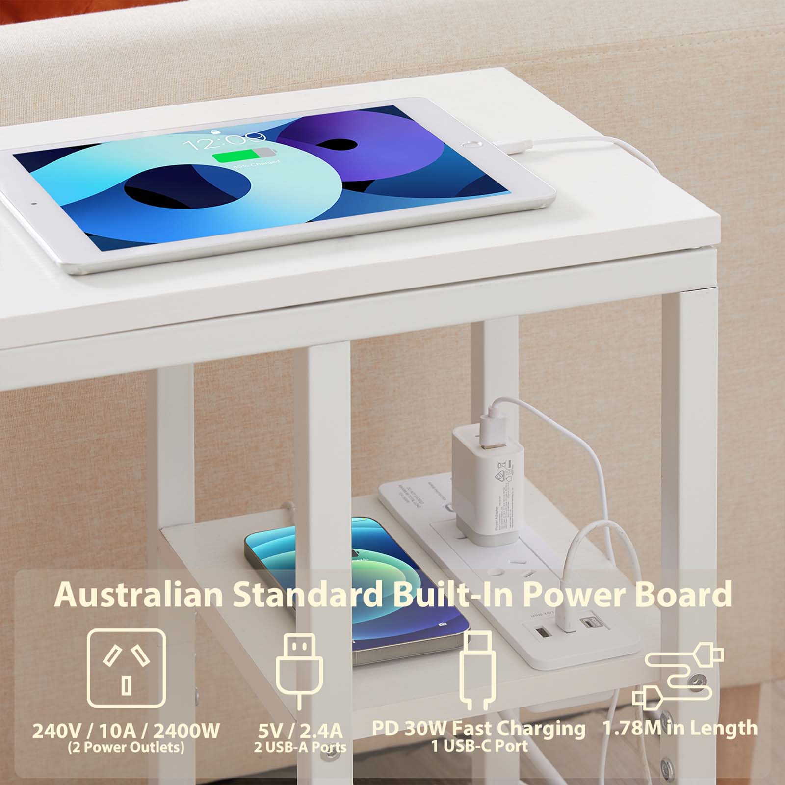 Casadiso Sofa Side Table with Australian Charging Station Narrow Bedside Table with Powerboard C-Shaped Coffee Table with USB C Fasting Charging (Mintaka)