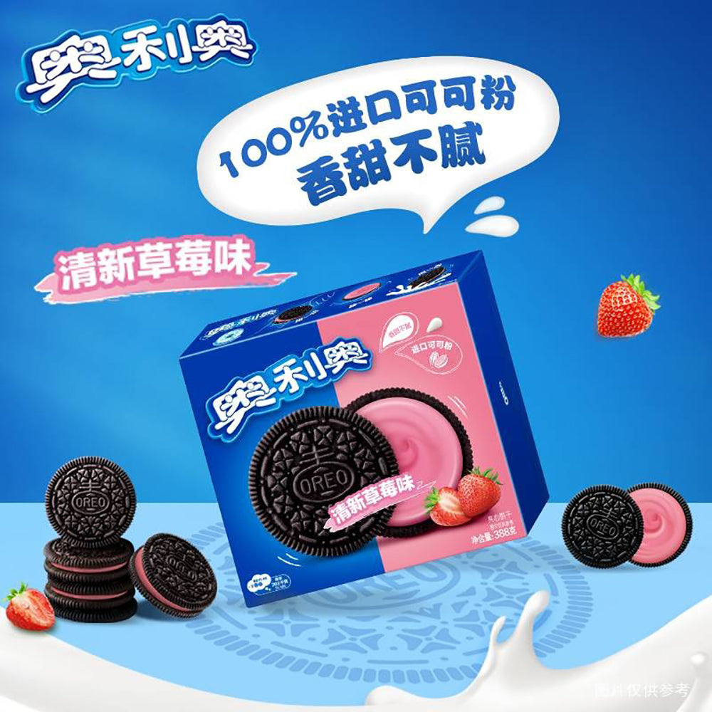 Oreo-Sandwich-Biscuits,-Fresh-Strawberry-Flavour,-388g-1