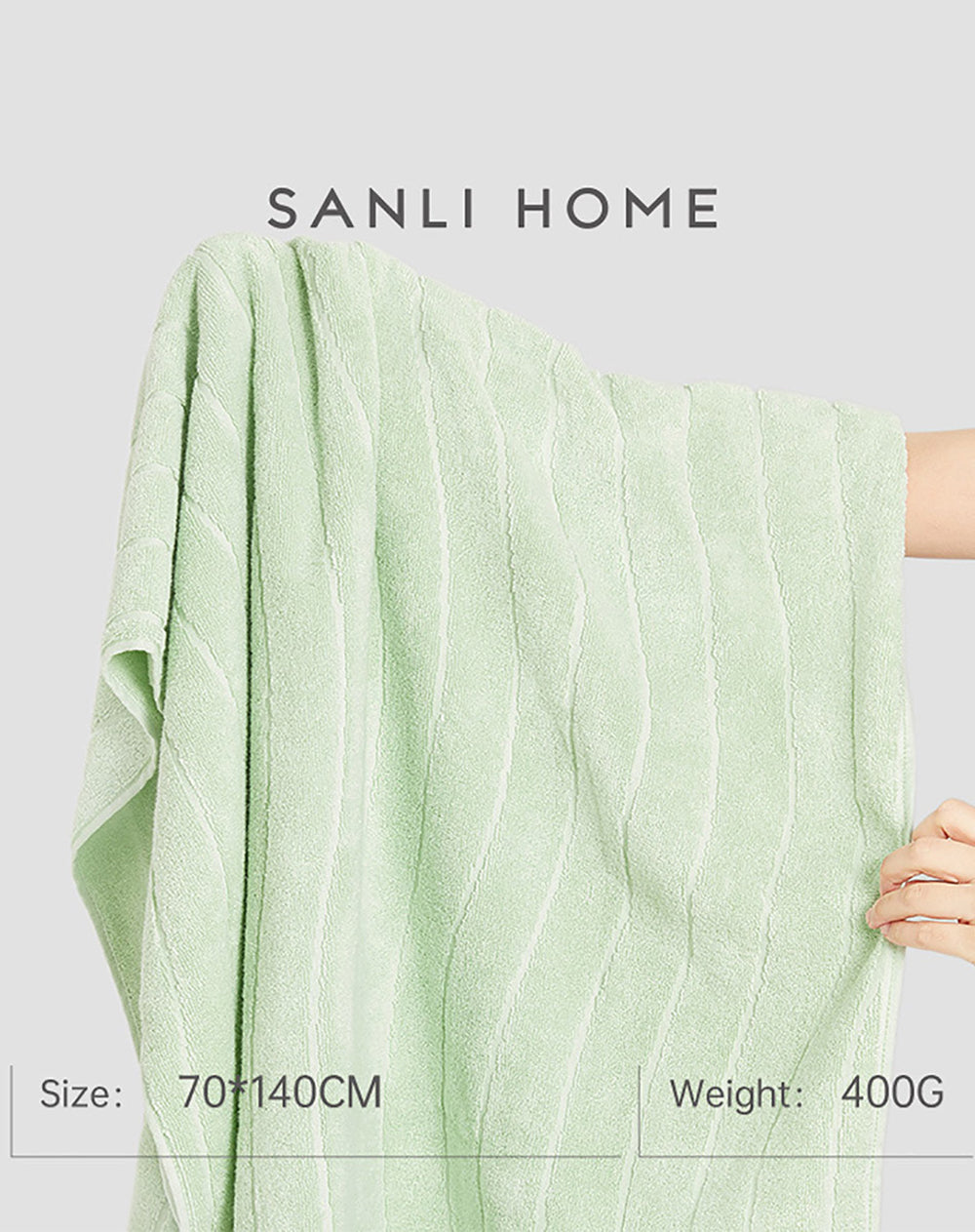 Sanli-Cotton-Ripple-Bath-Towel---Soft-Green,-70x140cm-1