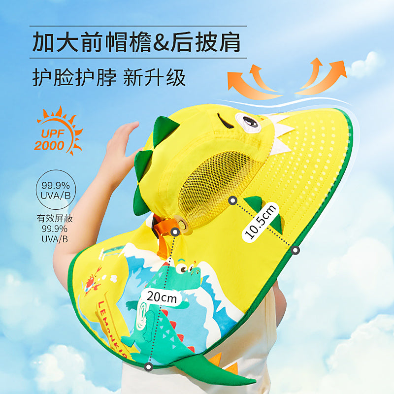 Lemonkid-Kids-Sun-Hat-with-3D-Design---Spectrum-Yellow-Surfing-Dinosaur-(Small)-with-Extra-Wide-Brim-and-Whistle-1