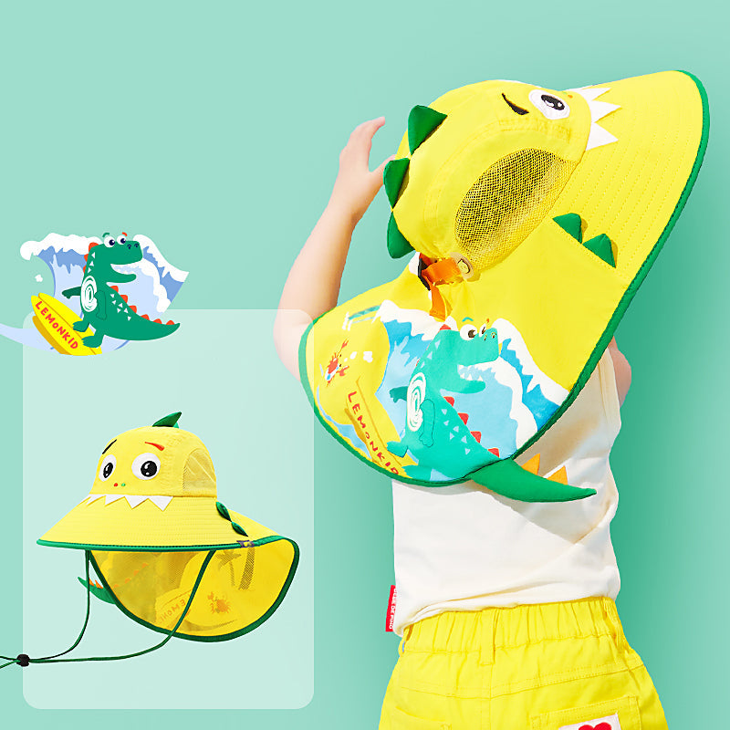 Lemonkid Kids Sun Hat with 3D Design - Spectrum Yellow Surfing Dinosaur (Small) with Extra Wide Brim and Whistle