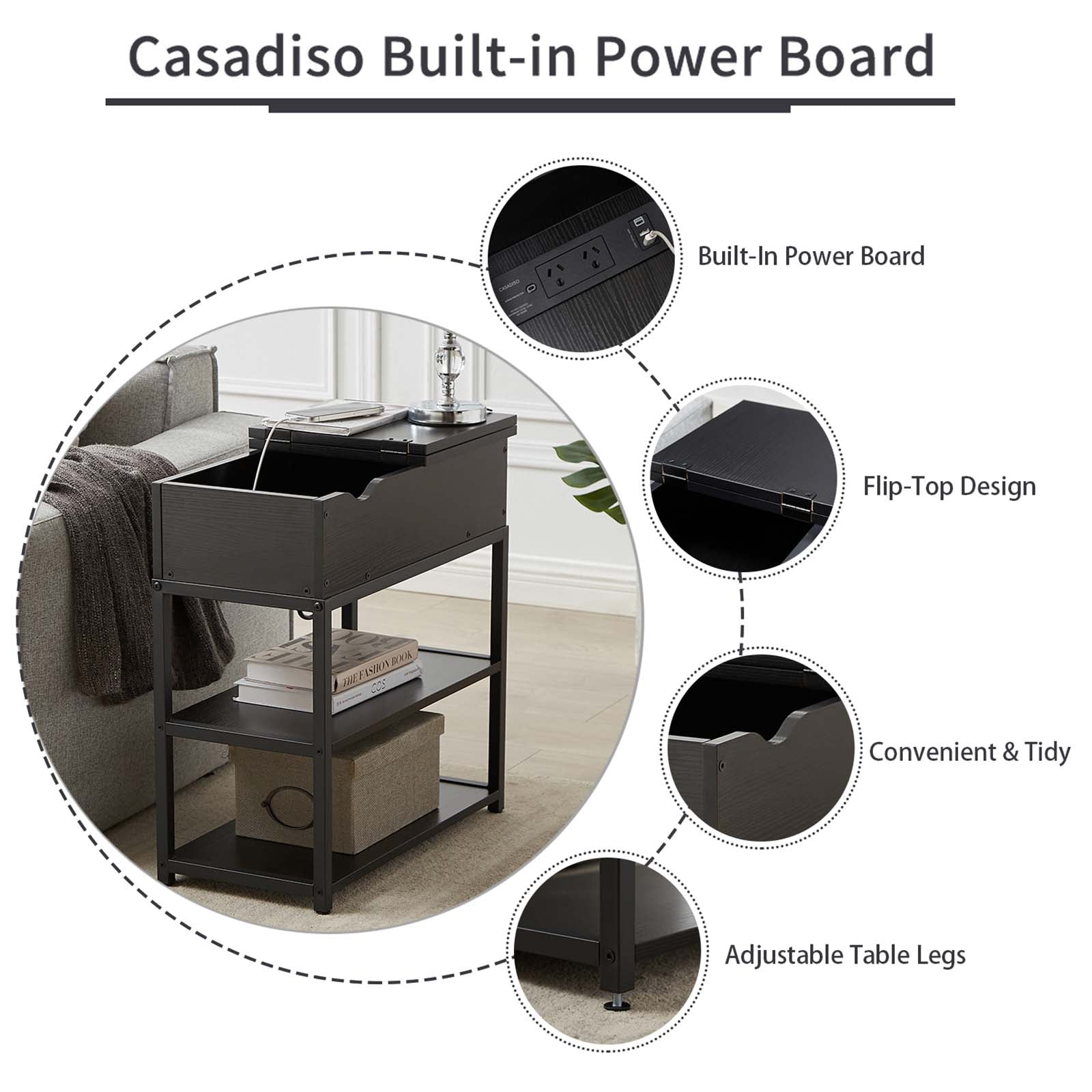 Casadiso 3-Tier Sofa Side Table with Australian Charging Station Narrow Coffee Table with Drawer USB C Power Board with Fast Charging(Saiph)