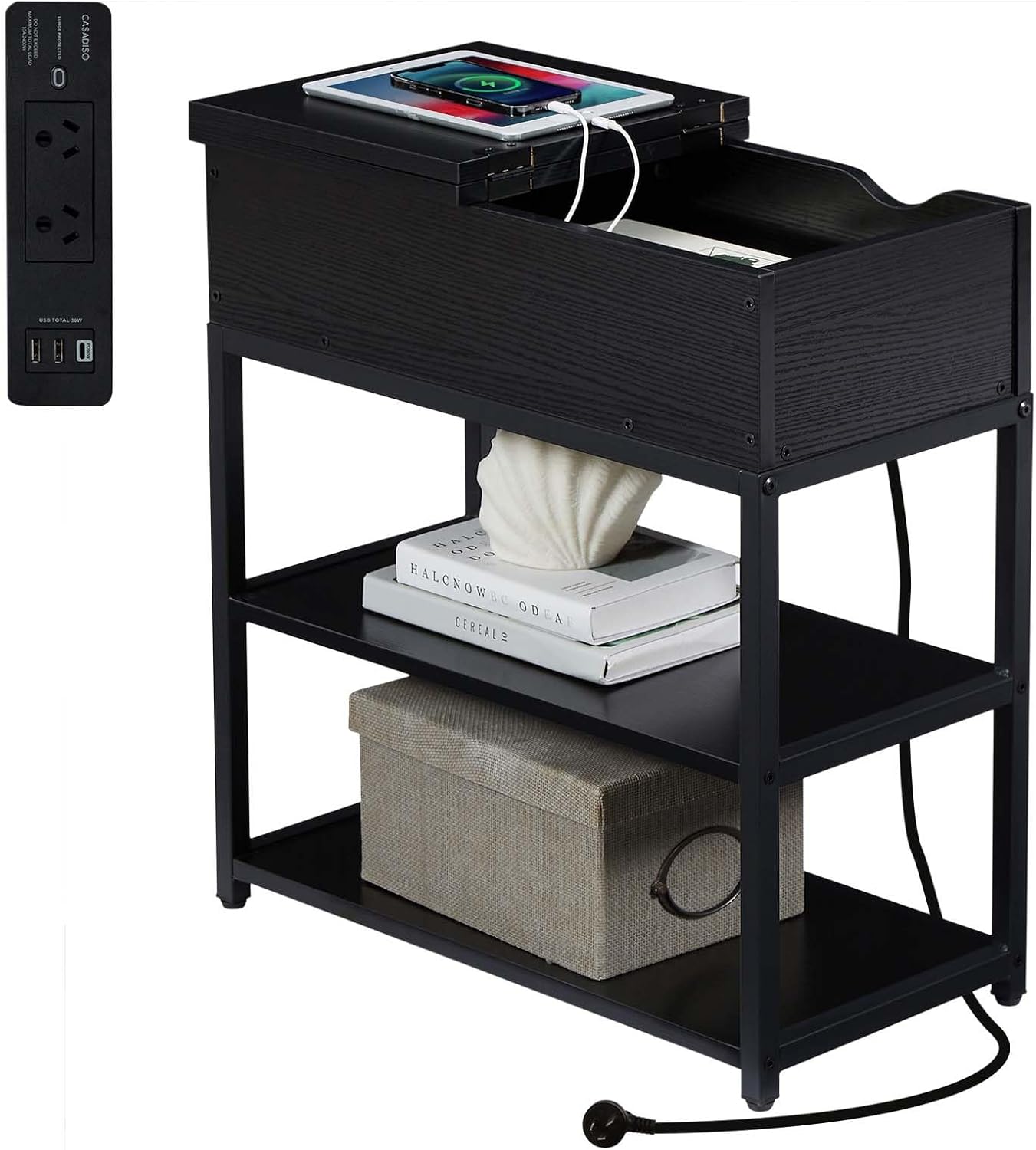 Casadiso 3-Tier Sofa Side Table with Australian Charging Station Narrow Coffee Table with Drawer USB C Power Board with Fast Charging(Saiph)